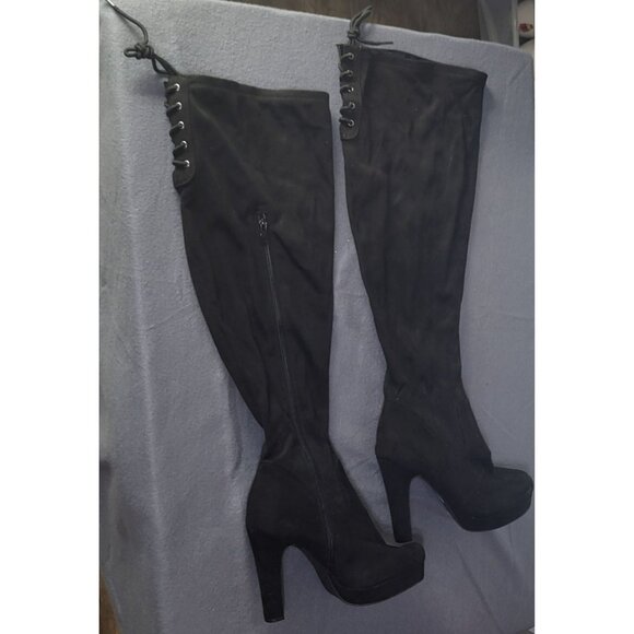 torrid Shoes - TORRID Womens 9 Wide Black Stretch Platform Over Knee Boot Faux Suede Goth Laces